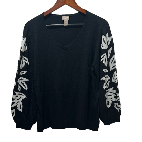 Chico's Sweaters - Chico's Black Sweater with White Leaf Pattern size 3 GUC